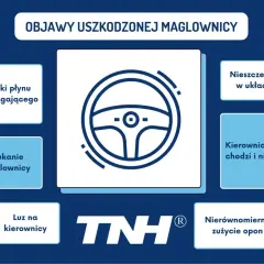 Grafika przedstawia ikonę kierownicy i objawy uszkodzonej maglownicy: wycieki płynu, stukanie, luz, nieszczelność, ciężko chodzącą kierownicę i nierównomierne zużycie opon.